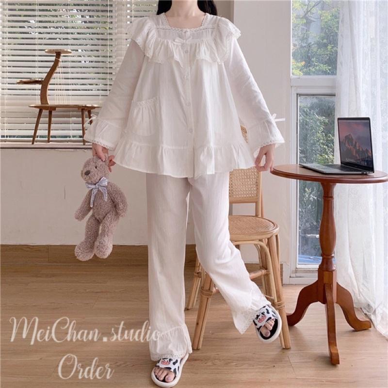 Set bộ mặc nhà tiểu thư phối nơ màu cực iu quảng châu