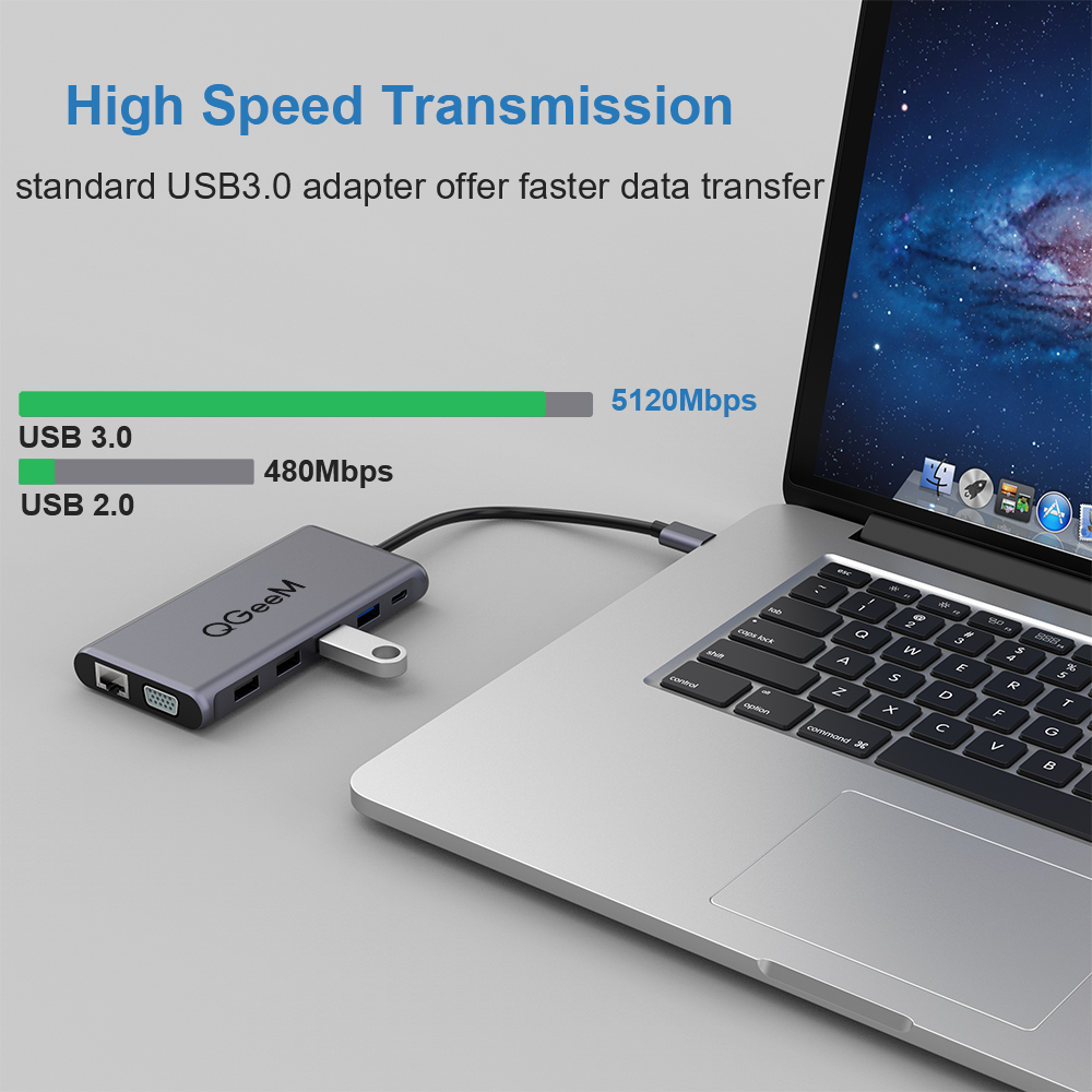 Bộ Hub USB C QGeeM 12 trong 1 sang HDMI 4k/VGA 1080P/USB/Type C sạc nhanh PD/Ethernet 1G/TF&amp;SD/đầu đọc thẻ Type C dành cho MacBook, USB C Dock - Hàng chính hãng