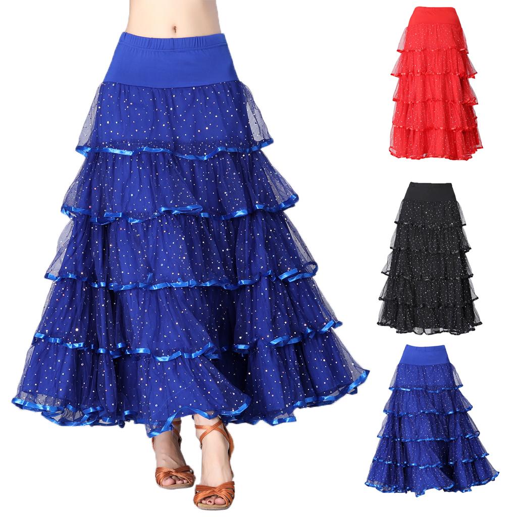 Womens Full Wing Flamenco Ballroom Modern Dance Skirt Full Swing Mesh Skirts