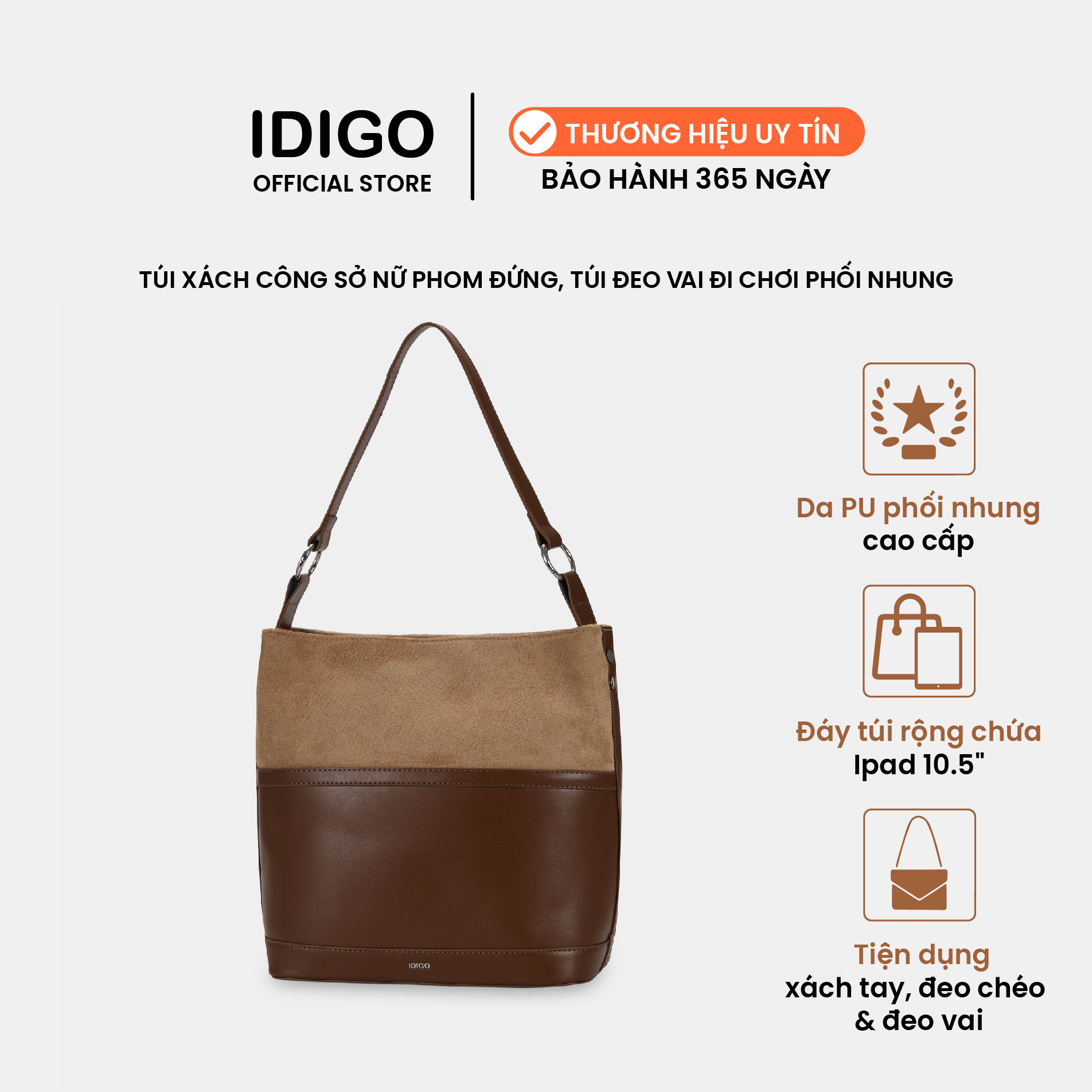 Túi đeo vai đi chơi, túi xách công sở nữ đeo chéo phom đứng, phối nhung IDIGO FB2 - 5060