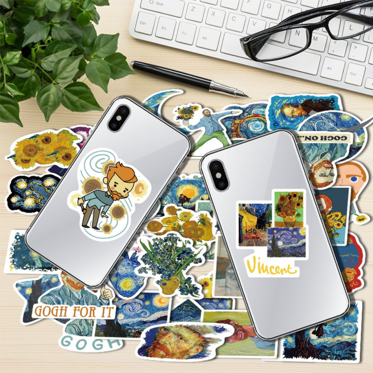 Bộ sticker chủ đề tranh của họa sĩ vangogh chống thấm nước trang trí mũ bảo hiểm, đàn, guitar, ukulele, điện thoại laptop