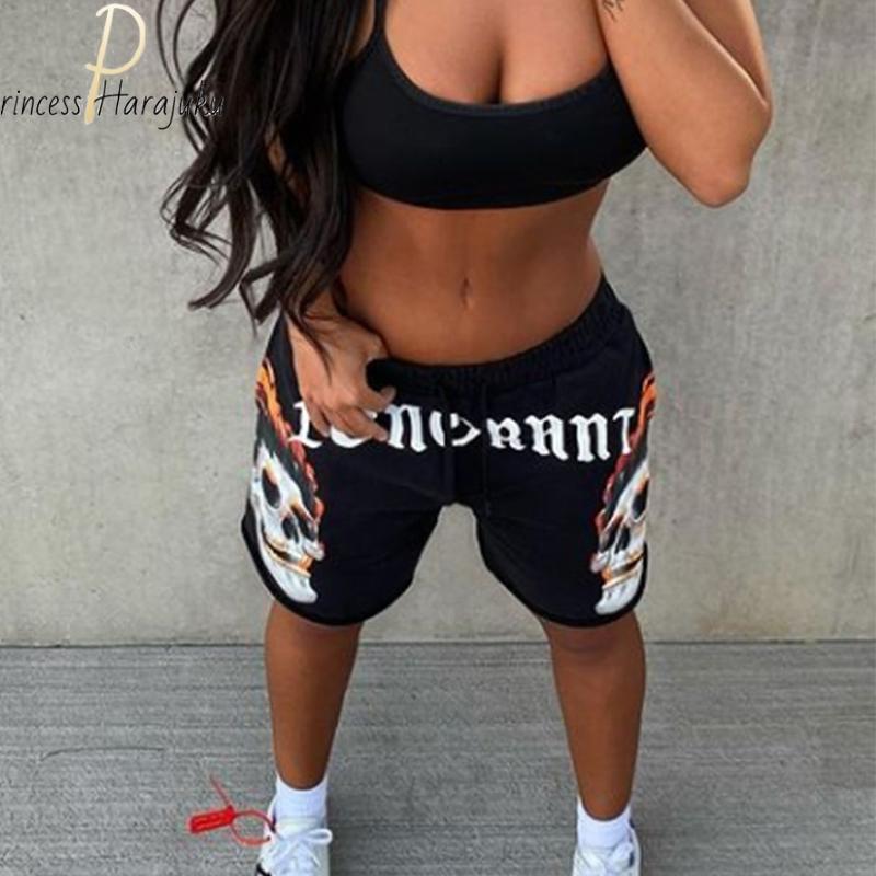 Plus Kích Thước Dây Rút Ngắn Nữ Quàng Nam Eo Rời Mùa Hè Ngắn In Hình Đầu Sọ Phố Thoáng Mát Phong Cách Punk Hông Hợp Tập Thể Dục quần Short