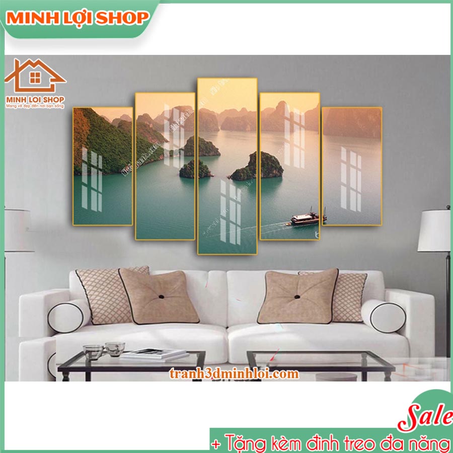 Tranh tráng gương pha lê PHONG CẢNH 5 tấm trang trí phòng khách hiện đại TẶNG KÈM ĐINH TREO 5T027
