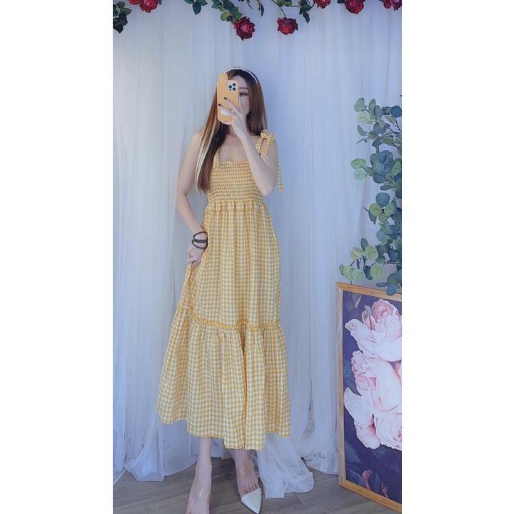 Đầm maxi nữ hai dây cột nơ caro siêu xinh dạo phố du lịch bầu bì bon chen kèm hình thật bao đẹp htd8740