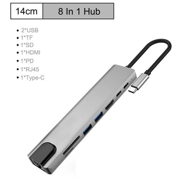 Đầu đọc thẻ nhớ USB C 3.1 sang 4K HDMI RJ45 USB SD/TF tốc độ nhanh 8 trong 1 cho laptop táo Pro