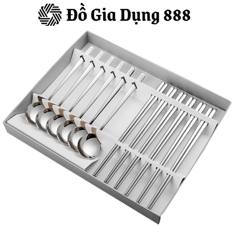 Set 12 Bộ Đũa, Thìa Muỗng Inox (5 thìa, 5 đôi đũa), Chống Trơn Cao Cấp, Bộ Đồ Dùng Bàn Ăn Kèm Hộp, Thiết Kế Sang Trọng, Chống Trượt, Bền, 100% Không Gỉ Và Không Phai Màu, Nhập Đức