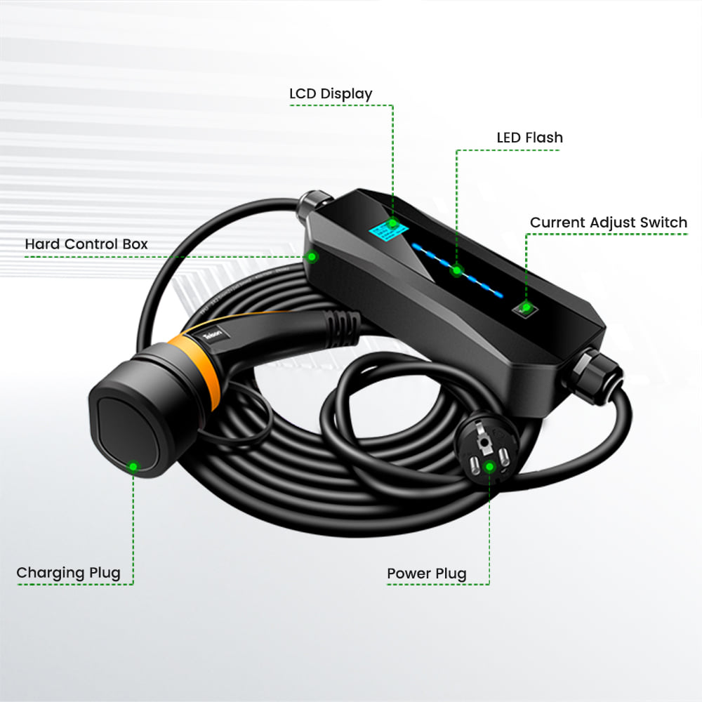 Bộ sạc di động xe điện, ô tô điện, xe vinfast e34 VF8 VF9 công suất 3.6kW 16A, phích cắm Schuko, không cần tiếp địa, cổng sạc type 2, điều chỉnh dòng sạc và cài đặt thời gian, màn hình LCD 1.8inch hiển thị đầy đủ thông số sạc