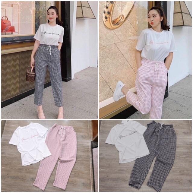 Bộ áo chữ quần kẻ cá tính cho nữ
