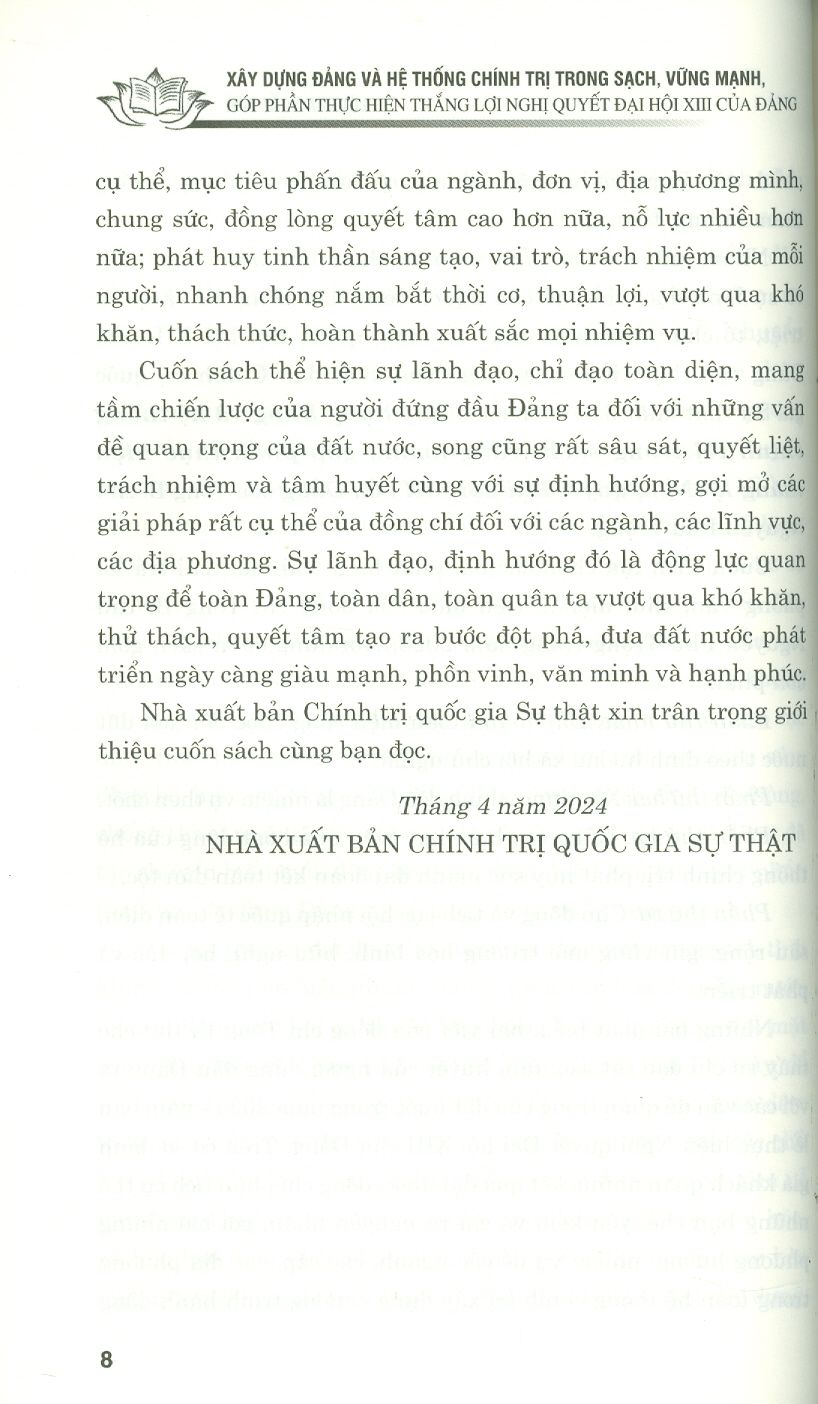 Xây dựng Đảng và hệ thống chính trị trong sạch, vững mạnh. Góp phần thực hiện thắng lợi nghị quyết Đại hội XIII của Đảng (bản in 2024)