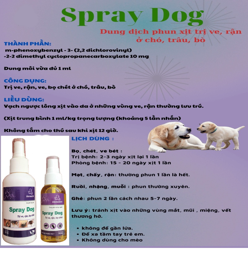 Chai xịt trị ve rận bọ chét ở Chó Spray Dog Giúp diệt sạch ve, rận, bọ chét Sản xuất tại Vemedim Việt Nam