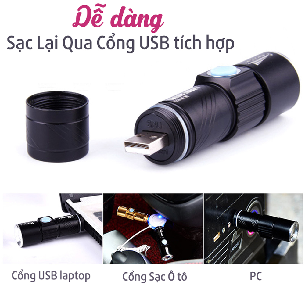 Đèn Pin Gắn Phía Trước Cho Xe Đạp Siêu Sáng Q5 Phóng Zoom To, Nhỏ Có Sạc Điện USB Chống Nước (kèm Chân Đế Gắn Đèn Pha) Giúp Đạp Xe Ban Đêm Mai Lee