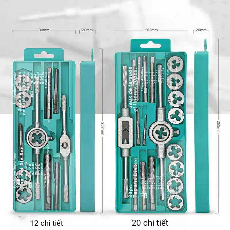 Bộ tạo ren 12 20 40 chi tiết bộ taro hợp kim siêu cứng- Bộ tay quay taro tạo ren trong và ngoài