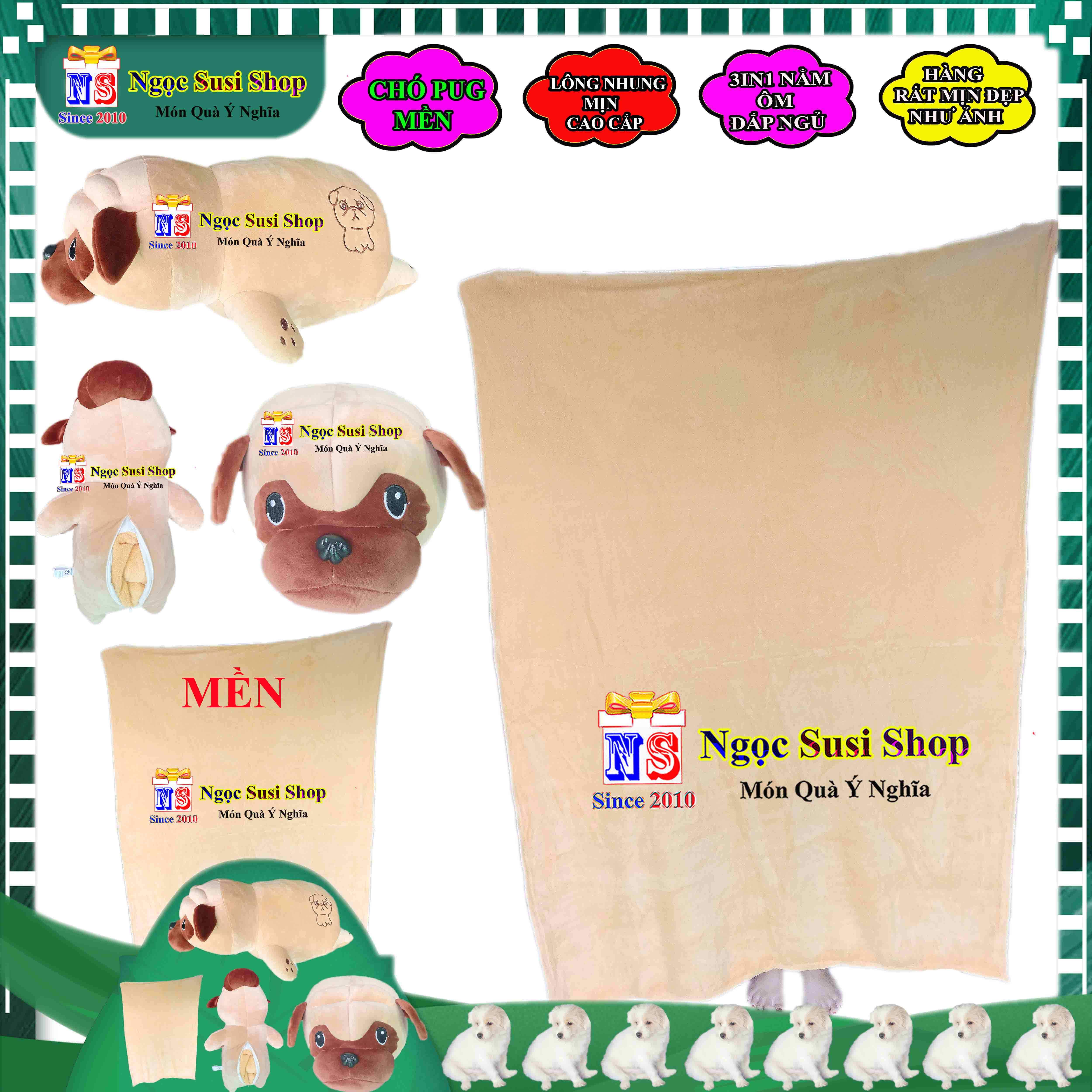THÚ BÔNG MỀN 3IN1 CON CHÓ PUG NẰM ÔM ĐẮP MỀN NGỦ RẤT ĐẸP - GẤU BÔNG CHÓ PUG MỀN 3IN1