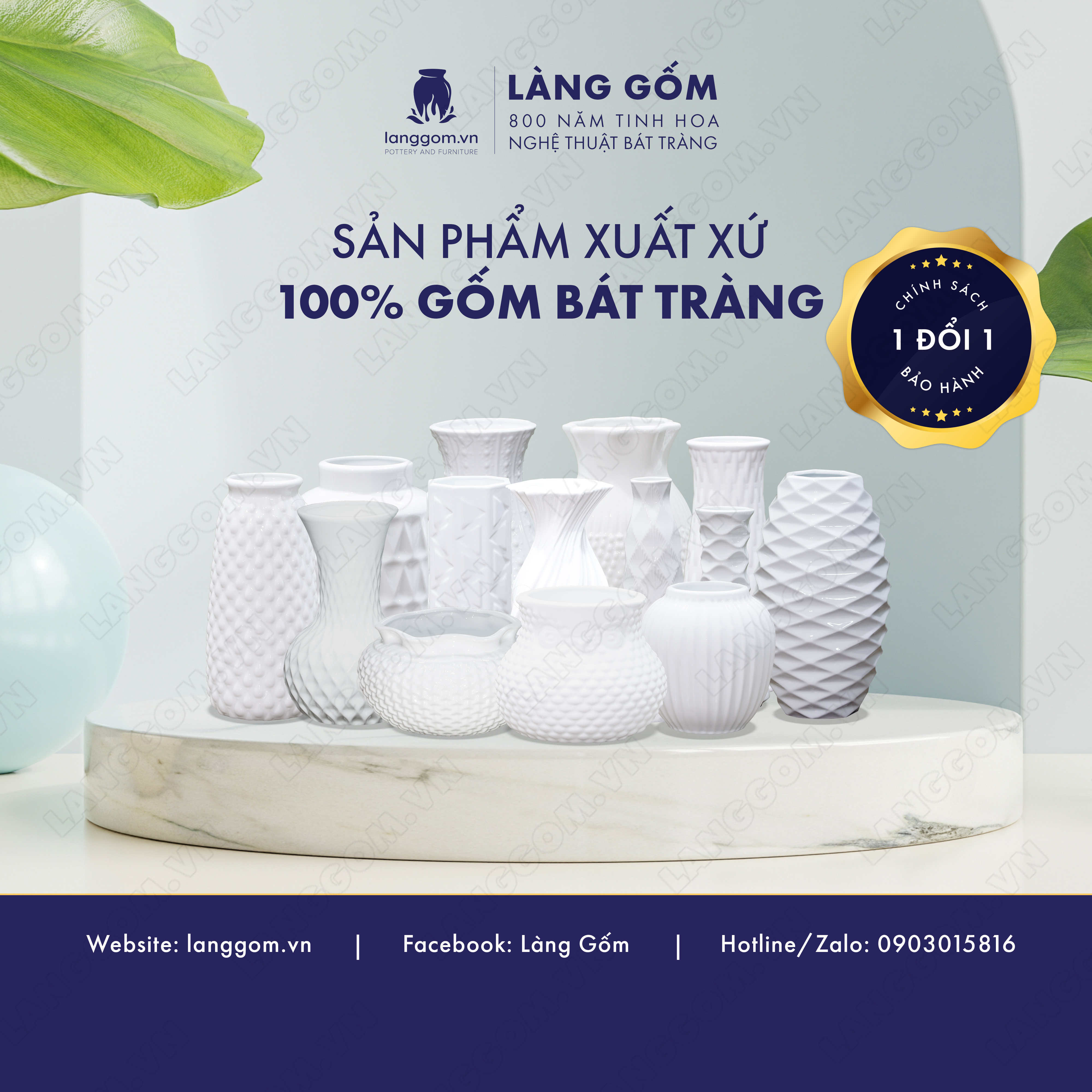 Bình hoa, lọ hoa Gốm sứ Bát Tràng cao cấp Men trắng tỏi vặn dùng làm quà tặng, trang trí - Làng Gốm Bát Tràng