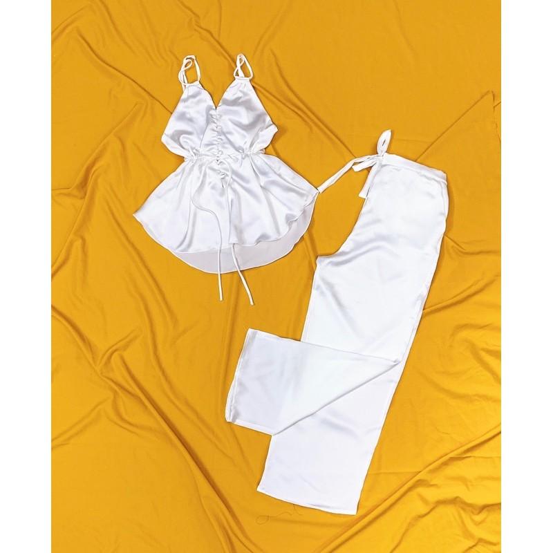 Đồ Ngủ Nữ Sexy Hai Dây Hở Lưng Quần Dài Chất Satin Mềm Mịn Freesize - Linqu Sleepwear