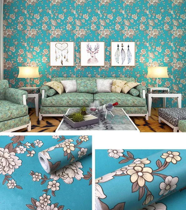 Combo Cuộn 10 Mét Decal giấy dán tường hoa cúc xanh khổ 45cm có keo sẵn