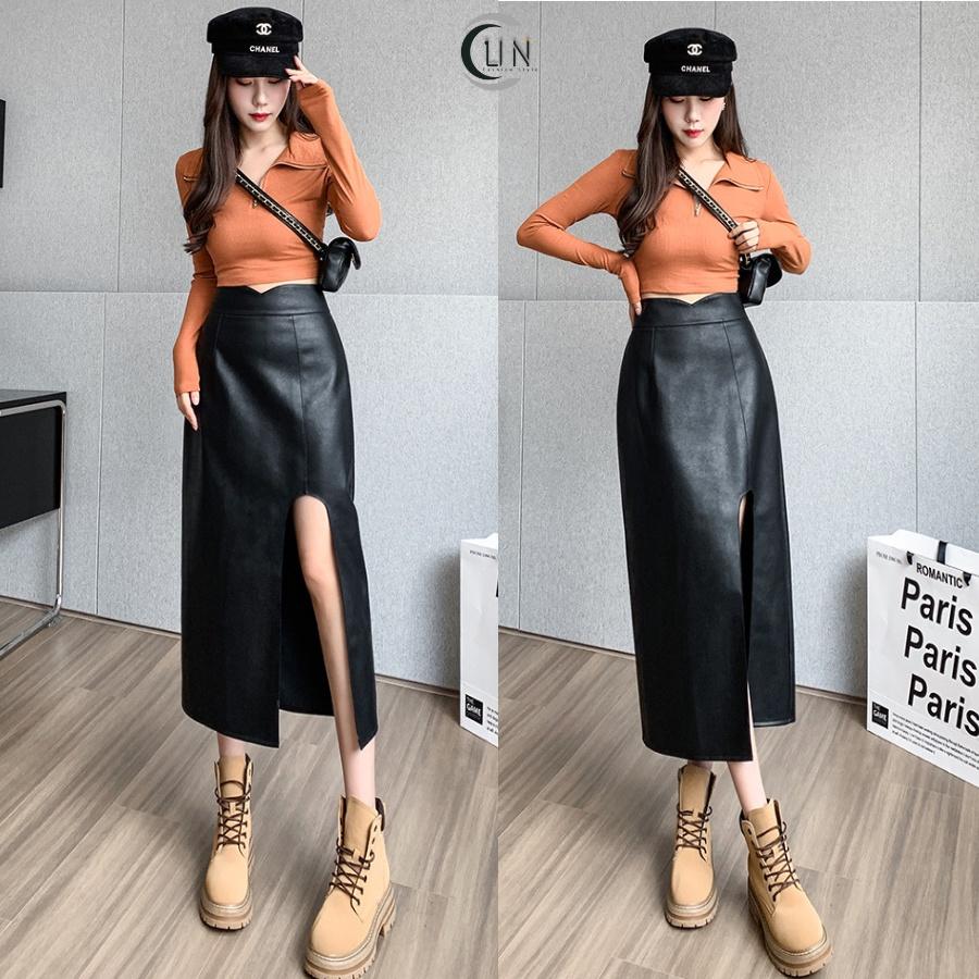 Chân váy dáng dài xẻ tà chất da cho nữ đẹp phong cách sang xịn mịn VD07