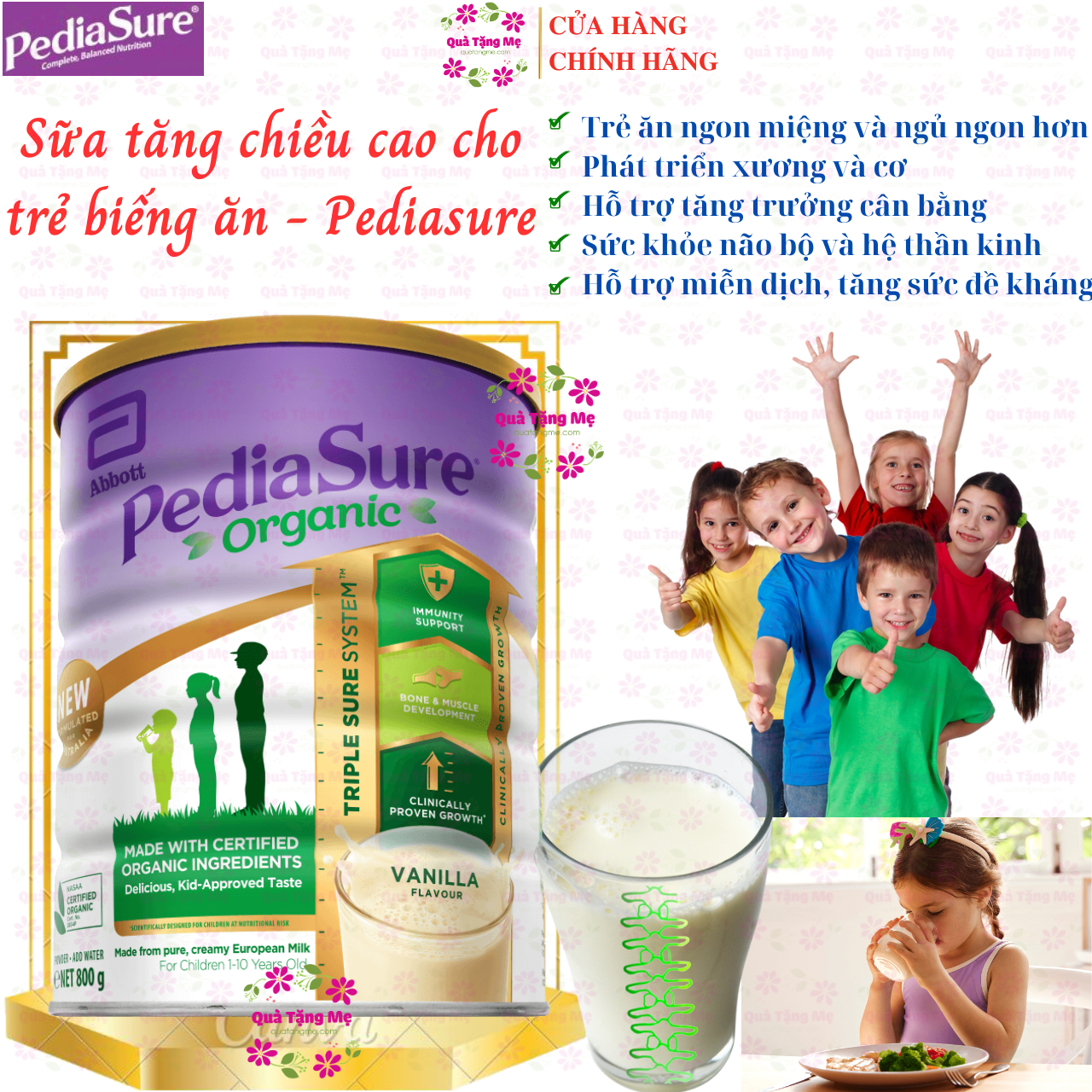 Sữa tăng chiều cao cho trẻ biếng ăn từ 1-10 tuổi Úc Pediasure Vanilla giúp phát triển cân đối chiều cao, cân nặng, trí não - QuaTangMe Extaste