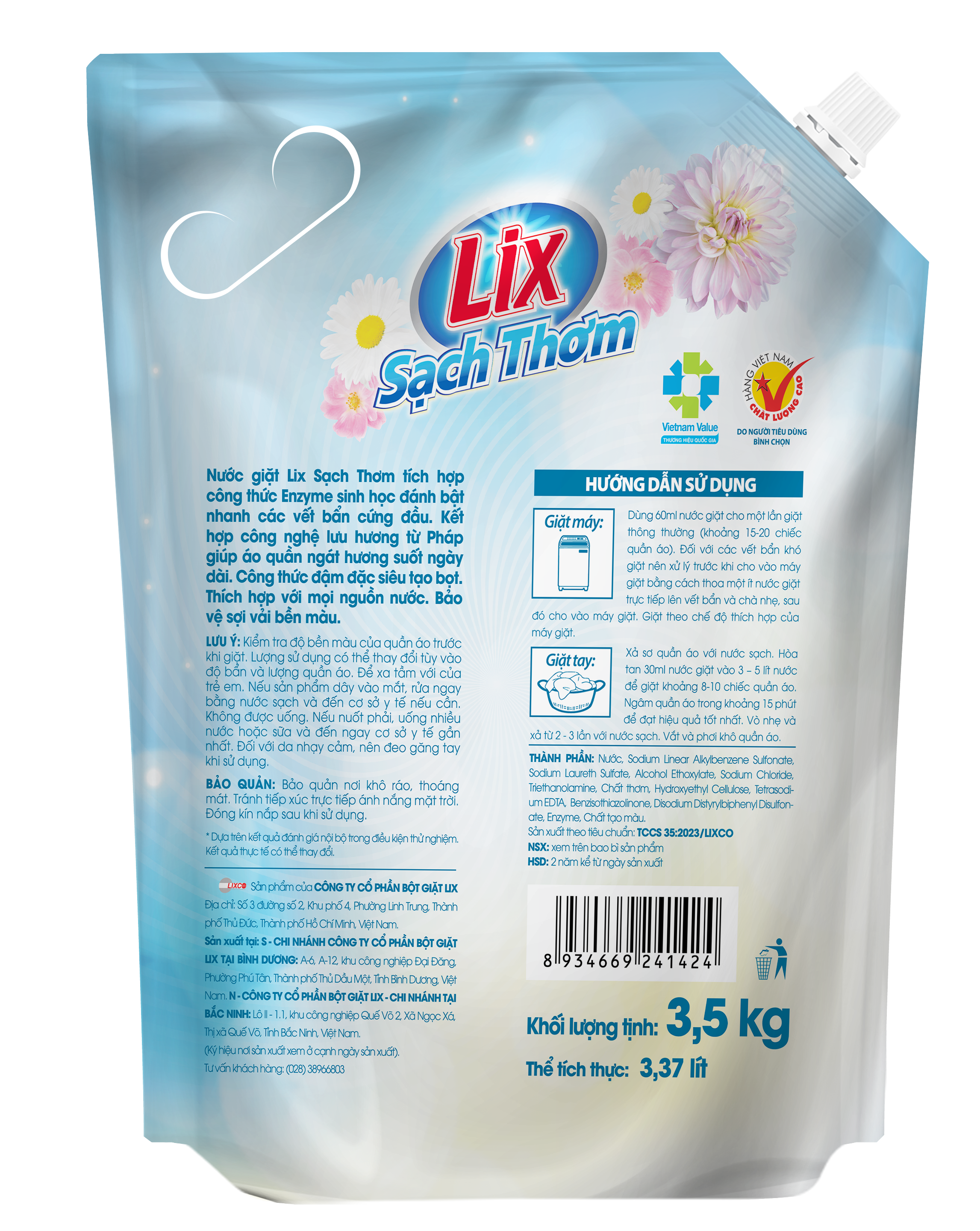 Túi nước giặt Lix sạch thơm hương nắng tinh khôi 3.5Kg -  Lixco Việt Nam nước giặt Lix cho giặt tay và giặt máy