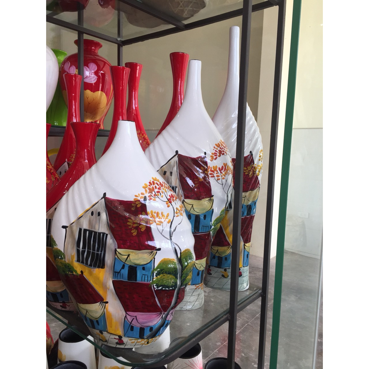 Bộ 3 bình hoa gốm Bát Tràng vẽ cảnh phố cổ