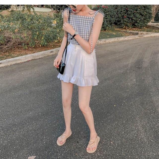 Set Áo Caro 2 Dây + Short Trắng Bèo ️️