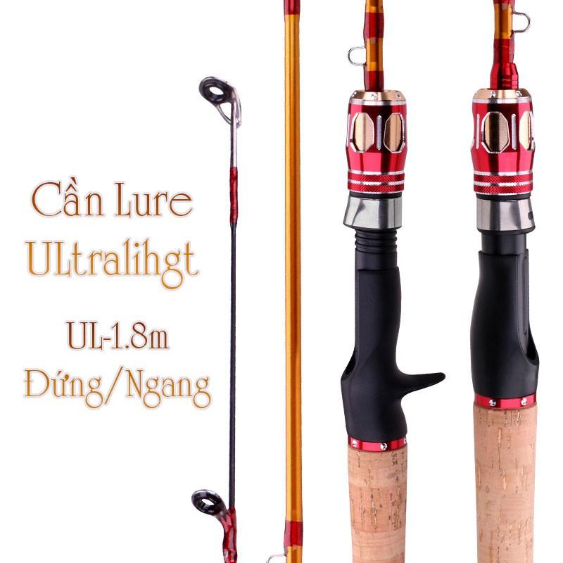 Cần câu lure ULtralight Cán múp xốp giả gỗ cầm rất êm, nhẹ tay máy đứng và máy ngang 1m8 UL-vàng