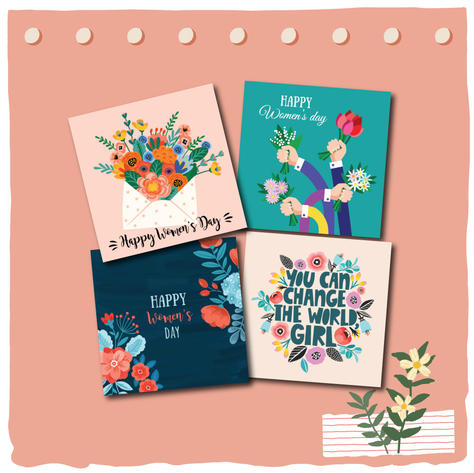 Combo 4c Thiệp ngày phụ nữ 8.3 và 20.10 Women's day - Thiệp Grey 9x9cm kèm phong bì