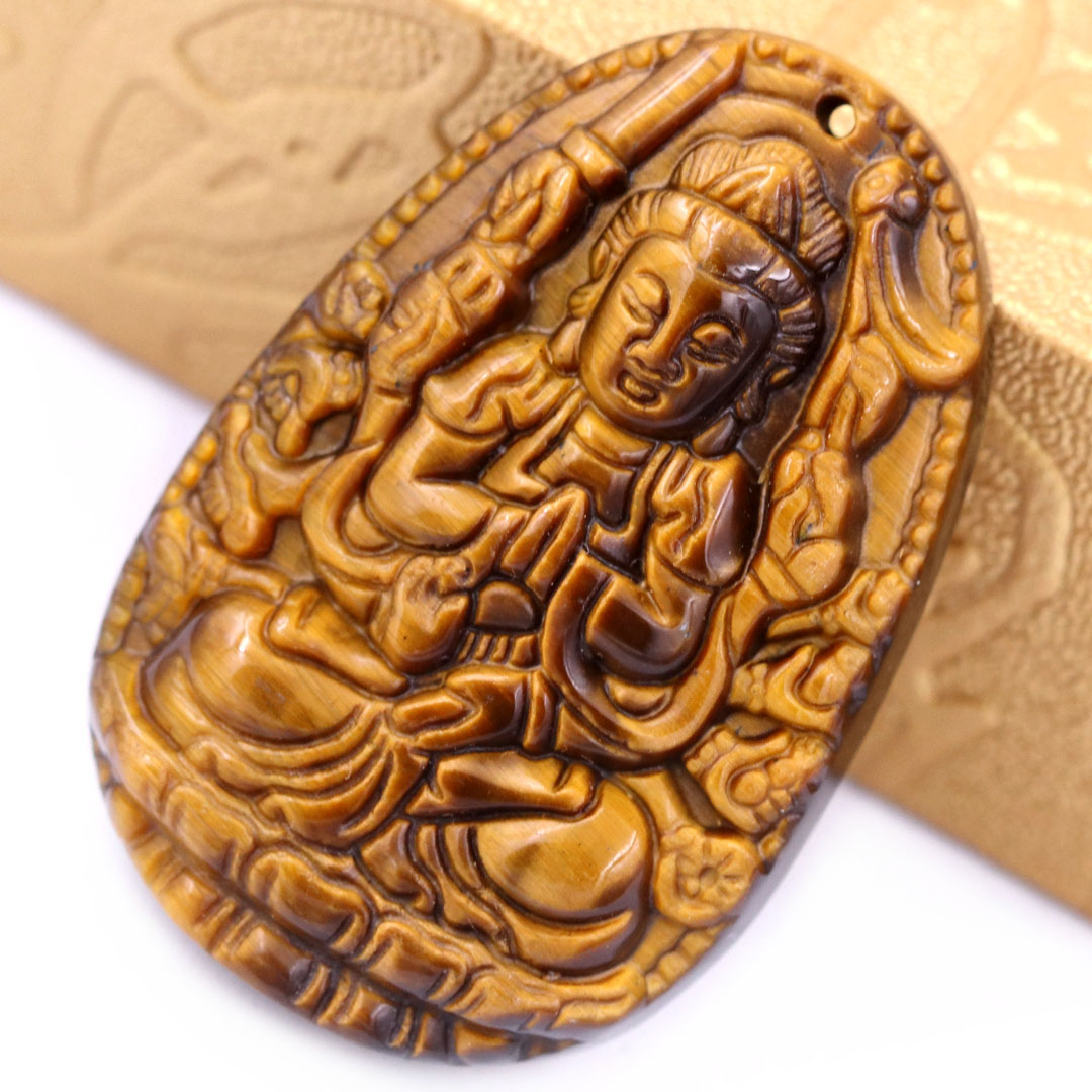 Mặt Phật Thiên thủ thiên nhãn đá mắt hổ 5 cm  kèm móc và dây chuyền inox vàng, Mặt Phật bản mệnh, Quan âm nghìn tay nghìn mắt