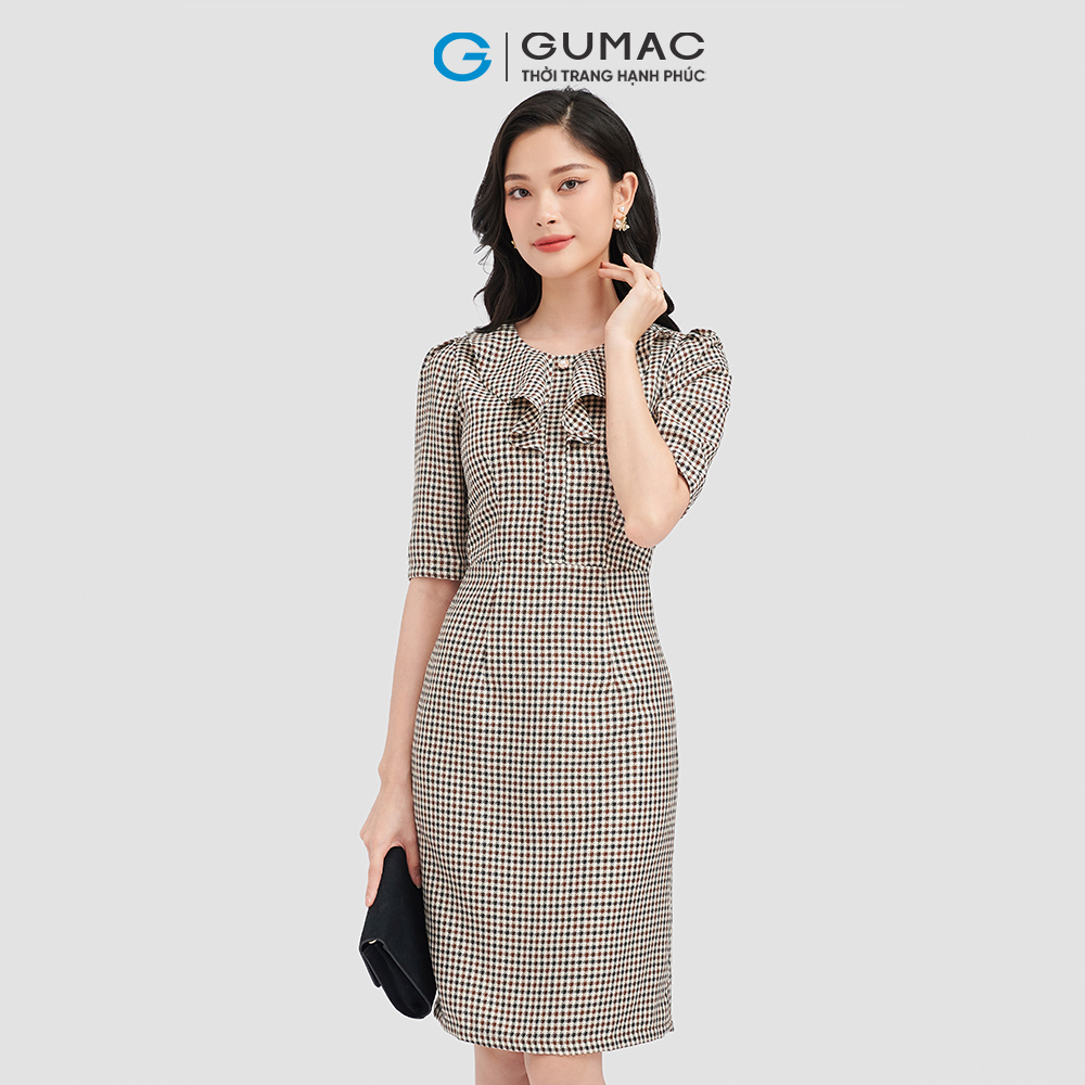 Đầm nữ form A GUMAC LD0918 caro cổ bèo nữ tính