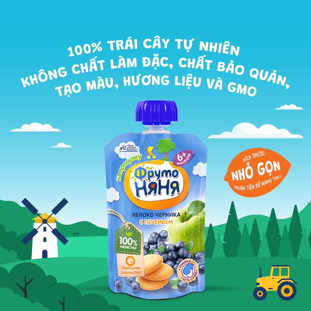 Trái cây nghiền vị táo, việt quất và bánh quy Fruto Nyanya 90g