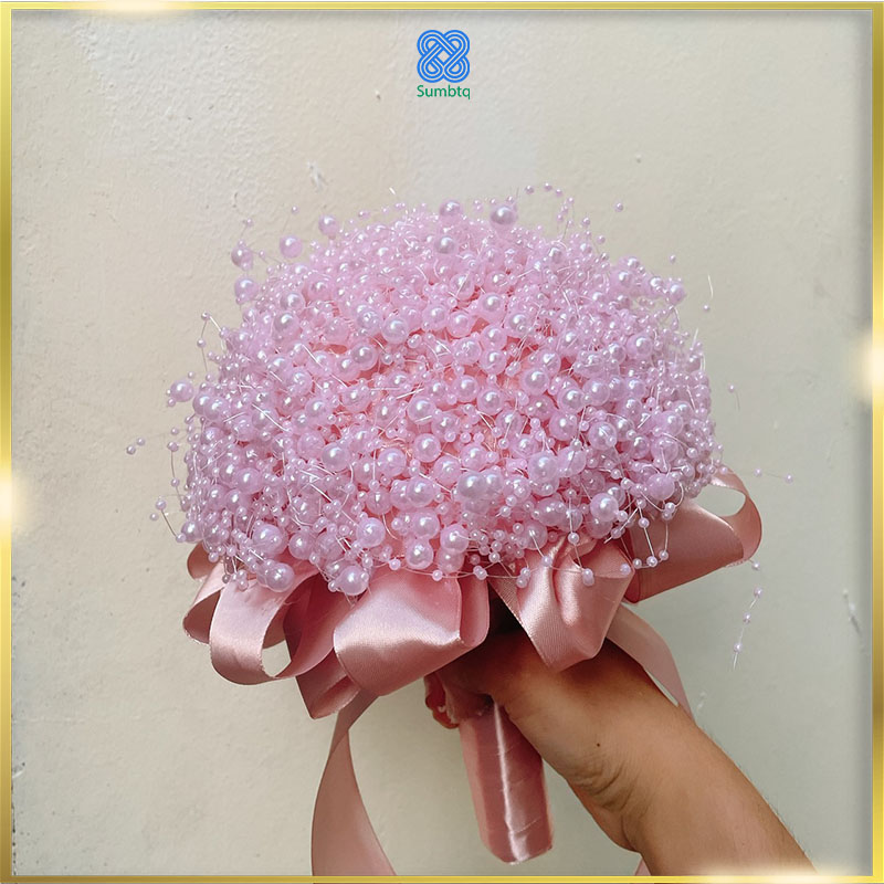 Hoa cô dâu kết cườm ruy băng hồng xinh tươi