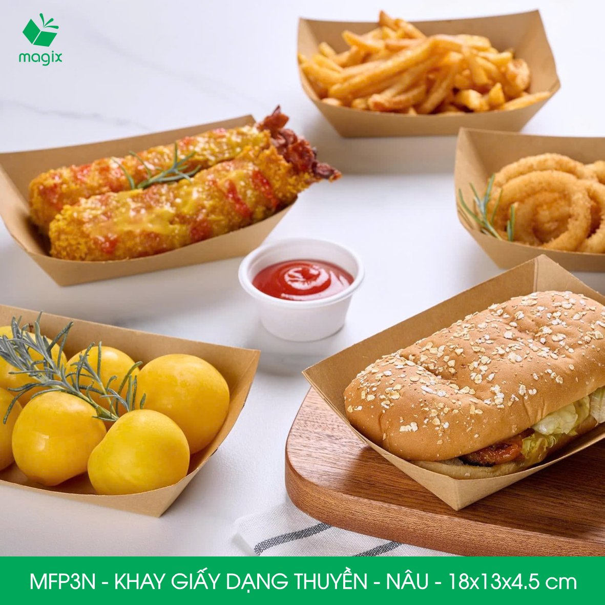 MFP3N - 18x13x4.5 cm - 100 khay giấy dáng thuyền đựng thức ăn, khay giấy đựng món tráng miệng