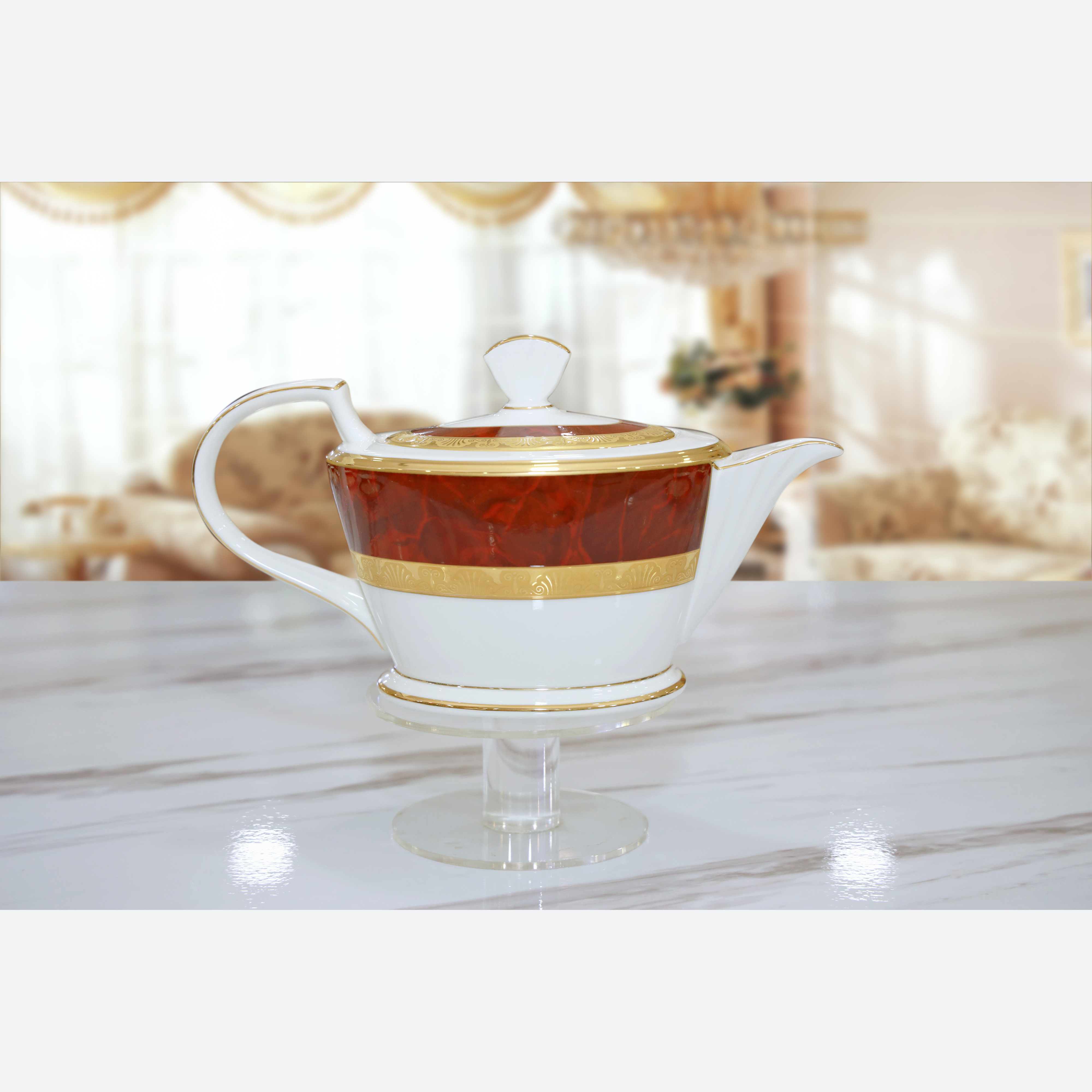 Bộ trà sứ xương cao cấp NORITAKE HEMINGWAY 4733 màu đỏ, mạ vàng - Xuất xứ Nhật Bản - Hàng chính hãng