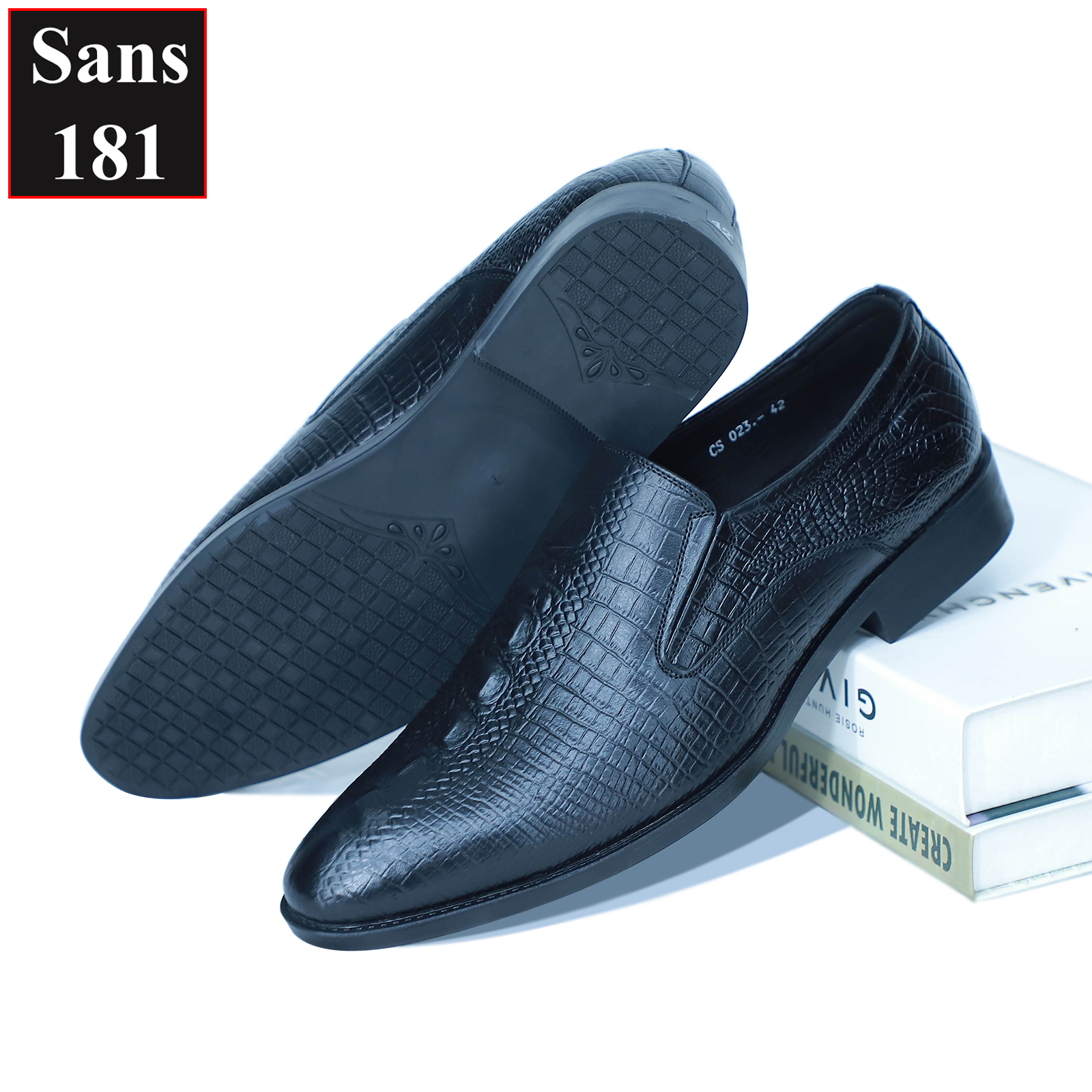 Giày Lười Da Bò Giày Tăng Chiều Cao 6cm Giầy Da Dập Vân Cá Sấu Sans181