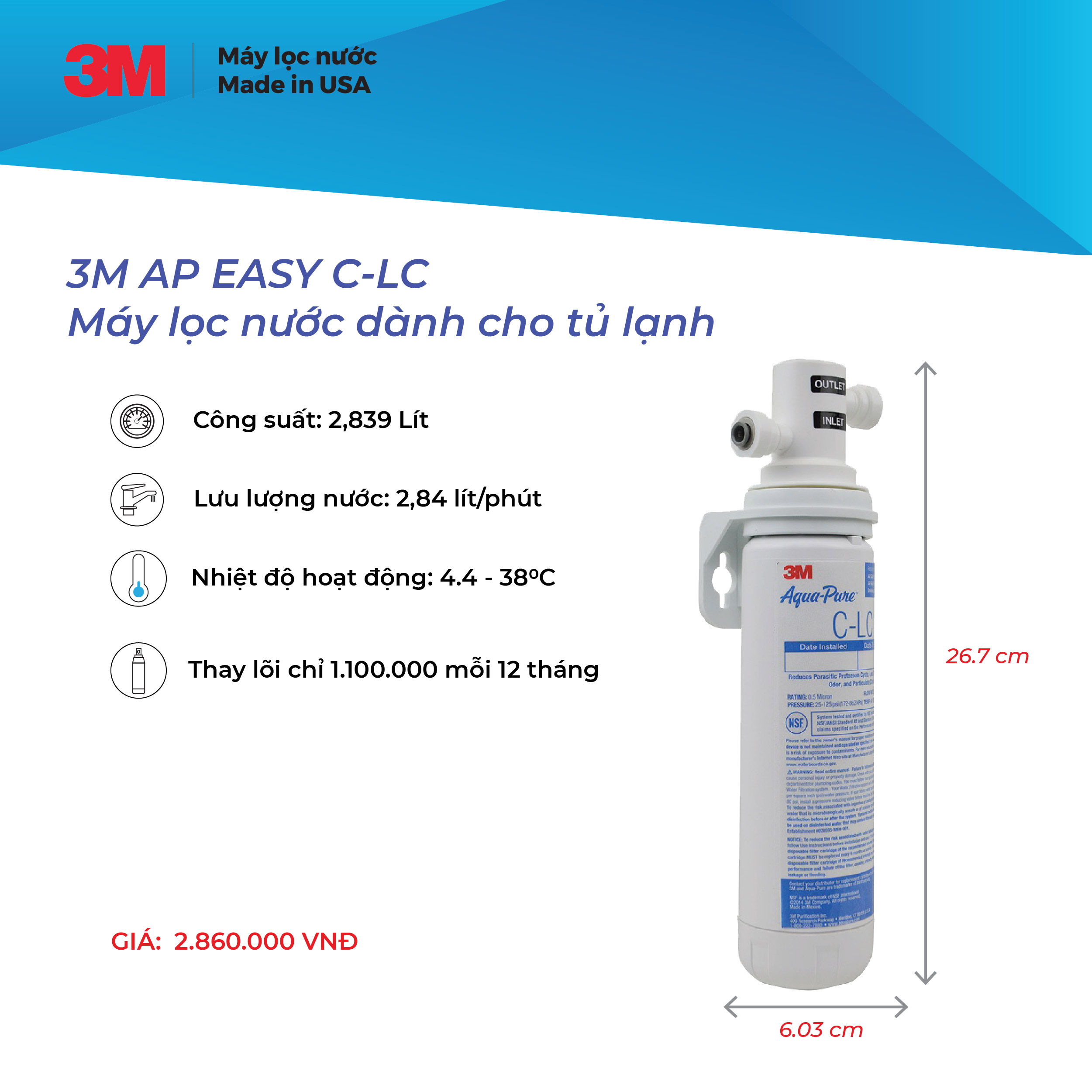 MÁY LỌC NƯỚC DÀNH CHO TỦ LẠNH 3M AP EASY CLC - HÀNG CHÍNH HÃNG