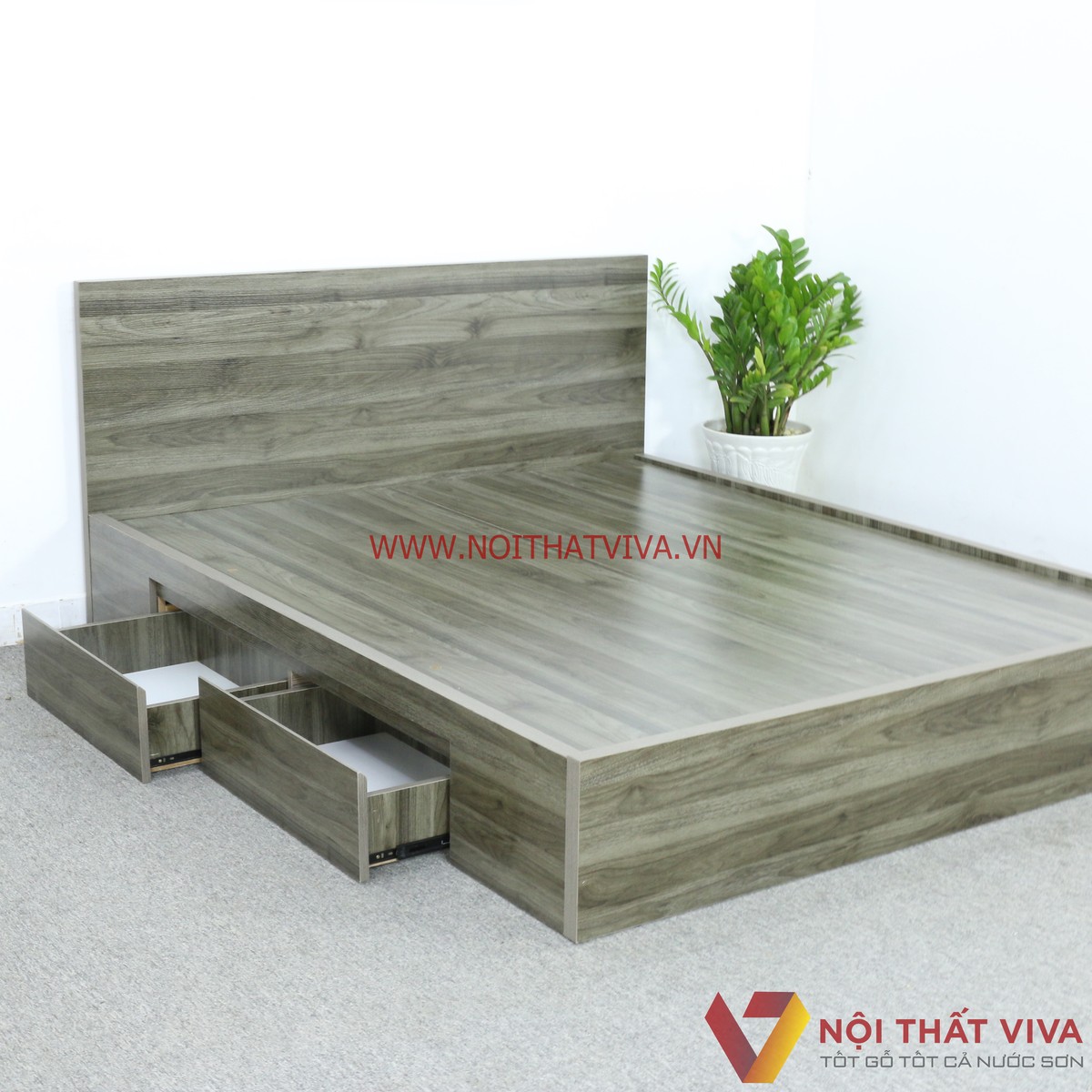 Giường Ngủ Gỗ MDF Phủ Melamine Cao Cấp Màu Xanh Rêu Hộc Kéo Viva