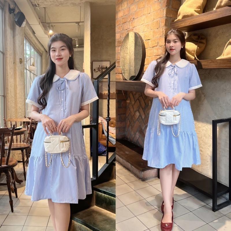 Đầm Bầu Công Sở Kẻ Sọc Phom Đuôi Cá Phối Viền Tay Trẻ Trung Chất Cotton Mềm Mát Mẻ Cho Mùa Hè - Đen
