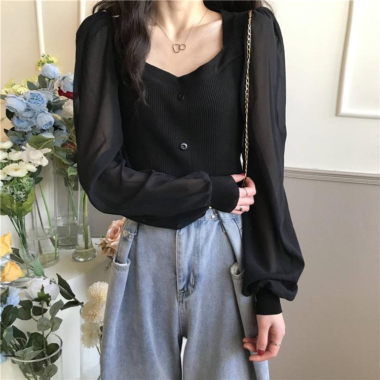 MS351 Áo len nữ cổ vuông tay voan bồng