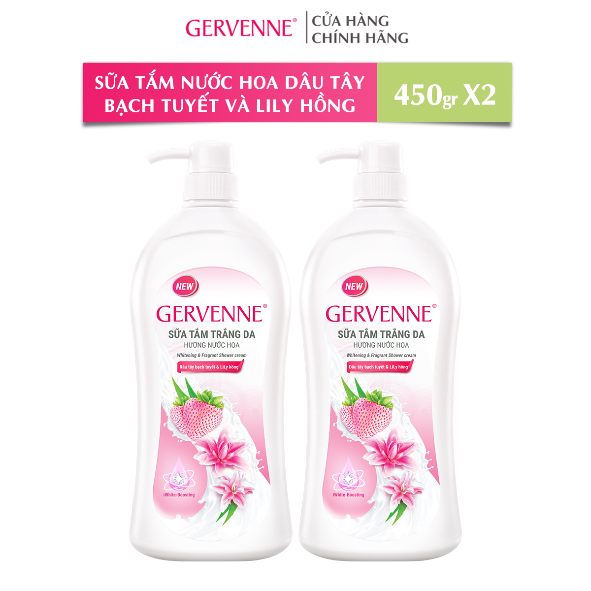 Combo 2 Sữa tắm trắng da hương nước hoa Gervenne Dâu Tây Bạch Tuyết và Lily Hồng 450g/chai