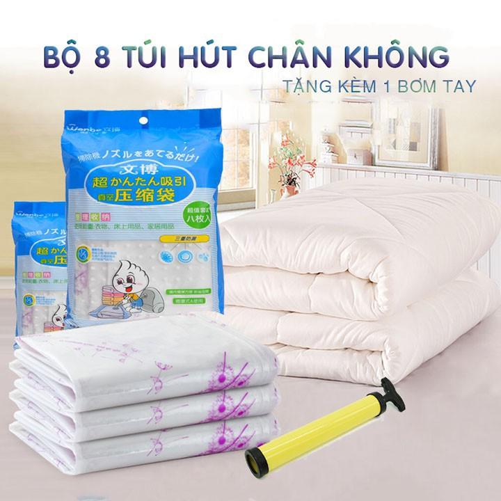 BỘ HÚT CHÂN KHÔNG đưng chăn, đựng quần áo set gồm 8 túi+ tặng kèm bơm tay, tiện dụng