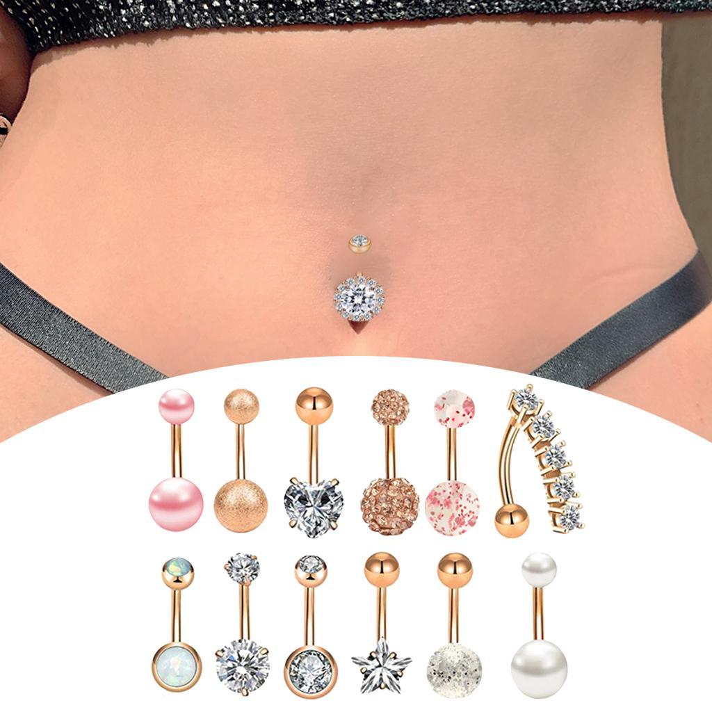 12 Pieces Belly Button Rings Jewelry Rhinestones Navel Rings Bars for Women