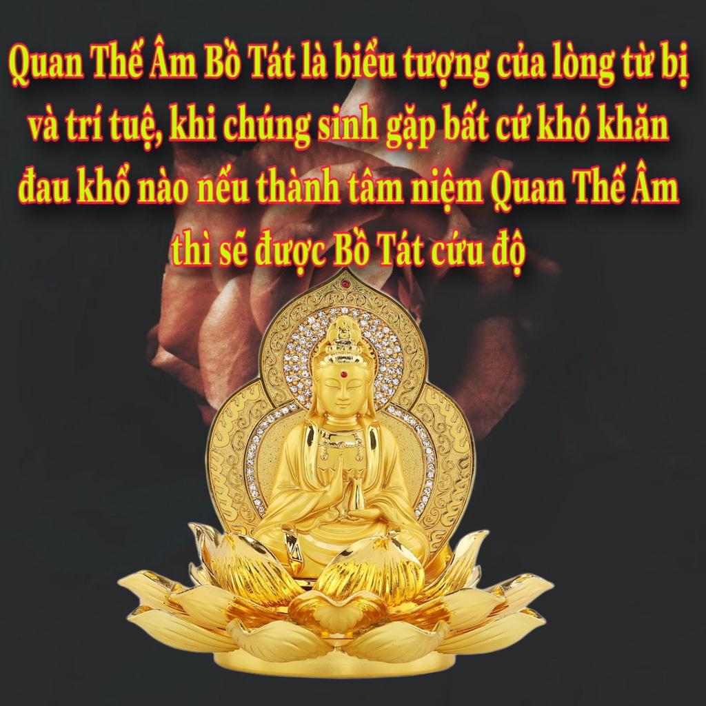 Tượng Phật Bà Quan Thế Âm Bồ Tát Nghìn Tay hai mặt tọa đài sen vàng đính đá kèm nước hoa trang trí taplo ô tô xe hơi