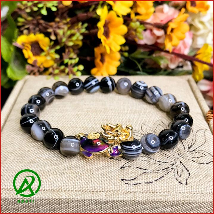 Vòng Phong Thủy Mệnh thủy - Vòng Tay Nam Nữ Mã Não vân Mây Mix Long Quy Vàng Đổi Màu Độc Lạ 8mm V374-8