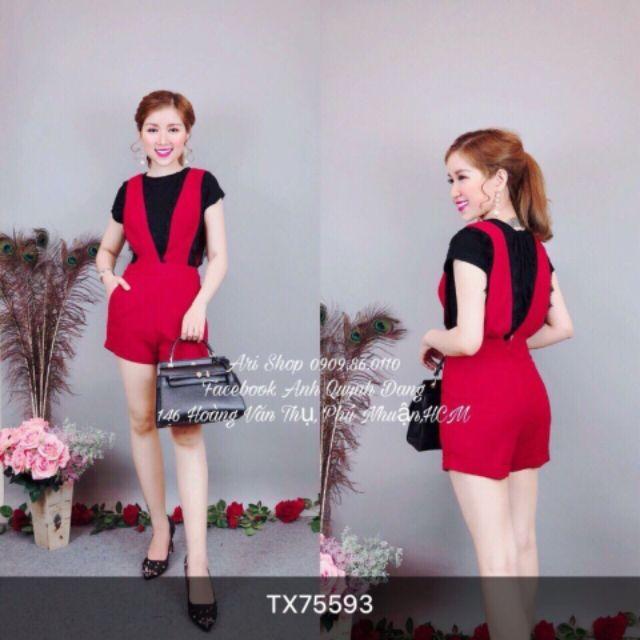 Sét yếm short đỏ phối ren 2 dây kèm áo thun đen tay con