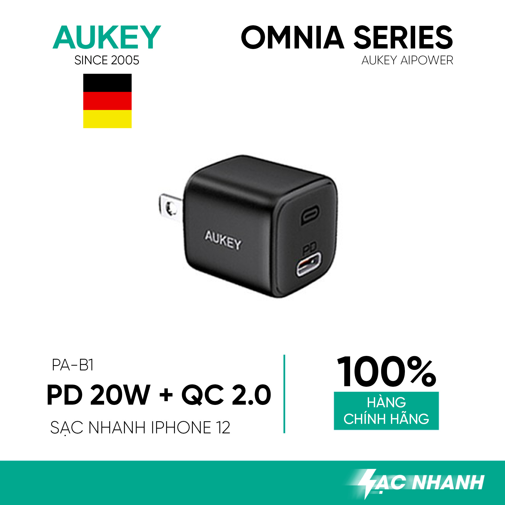 Củ Sạc Nhanh Omnia Aukey PA-B1 Cổng Type C Power Delivery 20W, Quick Charge 3.0 - Hàng Chính Hãng