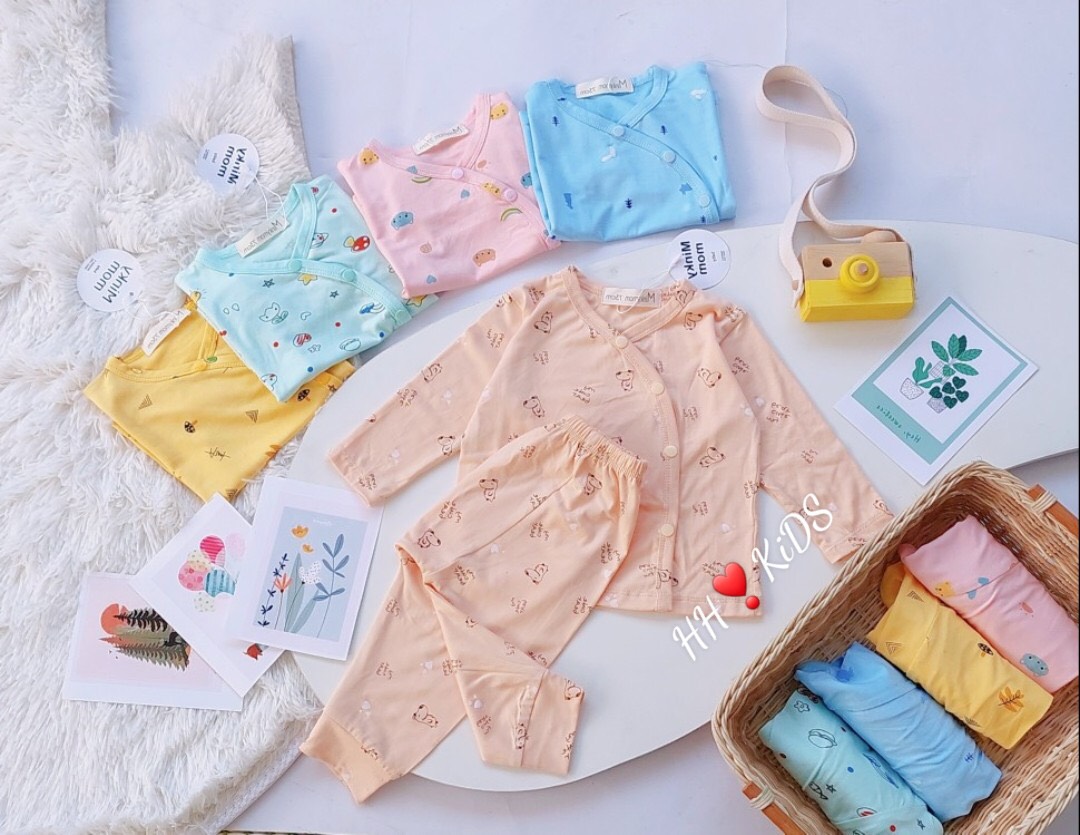 Bộ sơ sinh khuy lệch đắp đũng cotton thun lạnh siêu yêu