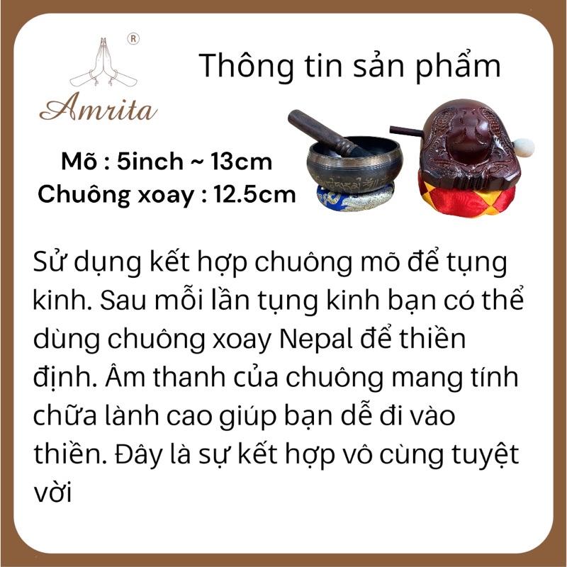 Chuông mõ Đài Loan 5inch - Đồ thờ cũng tụng kinh niệm phật bằng đồng và gỗ - combo chuông mõ tụng kinh - Amrita