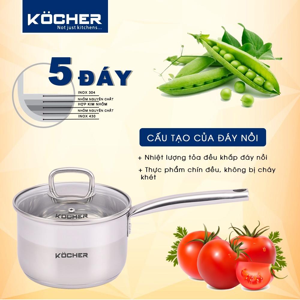 Nồi quánh inox nấu bột cho bé size 16cm KOCHER 5 đáy cao cấp có nắp kính cường lực - Hàng chính hãng