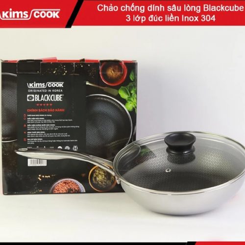 Chảo sâu Blackcube inox 3 lớp đáy từ nắp kính chống dính KIMS COOK 30cm