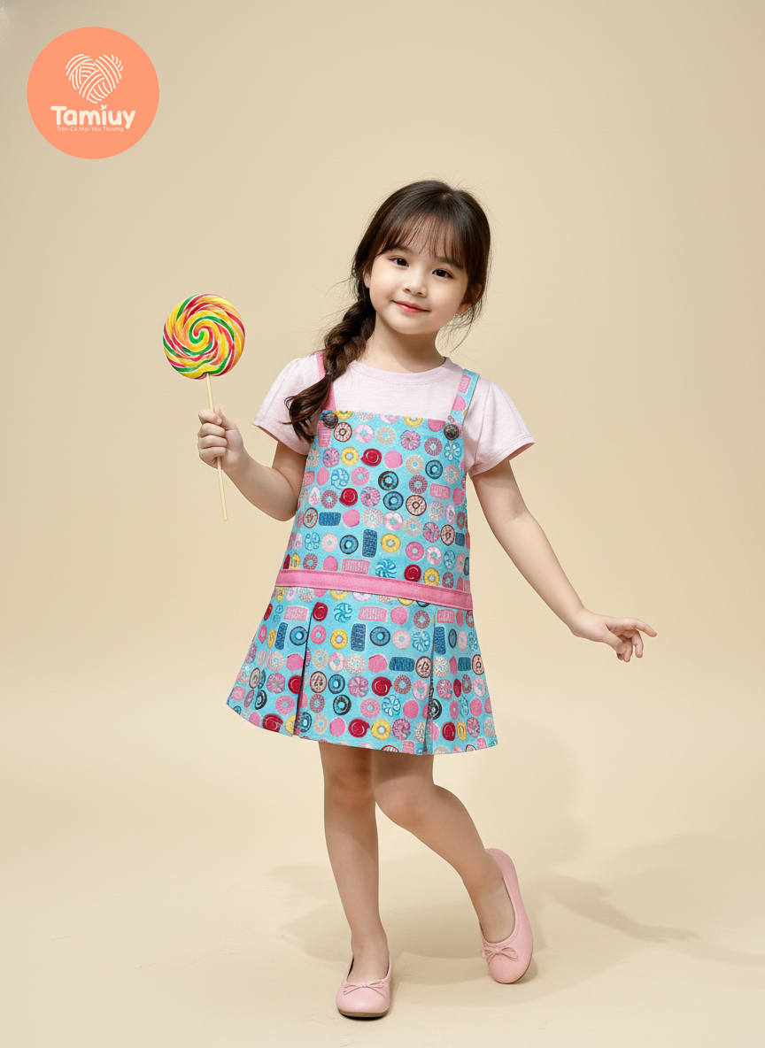 TAMIUY –   Đầm Yếm  2 Dây Thiết Kế Bé Gái Donut Muse Phong Cách Năng Động
